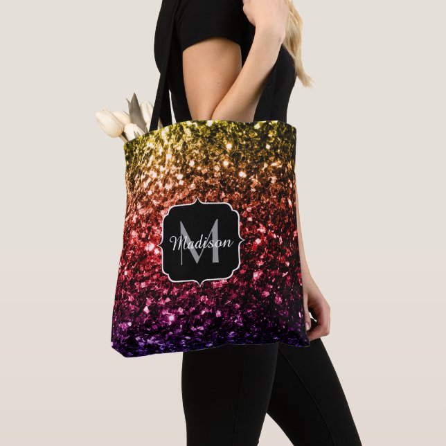 Rainbow yellow red purple sparkles Monogram Tote Bag (Close Up)