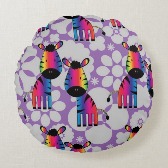 Rainbow Zebra Round Pillow (Front)