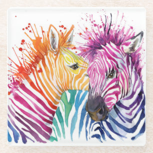 Rainbow zebra, watercolor wild illustration. glass coaster