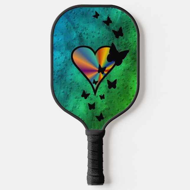 Rainbowheart and Butterfly Pickleball Paddle (Front)
