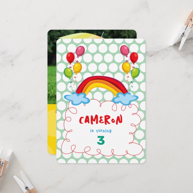 Rainbows And Balloons Photo Kid's Birthday Party Invitation (Front/Back In Situ)