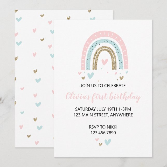 Rainbows and Hearts First Birthday Invite Pastel (Front/Back)