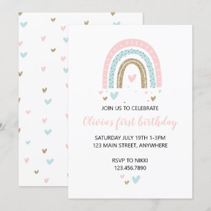 Rainbows and Hearts First Birthday Invite Pastel