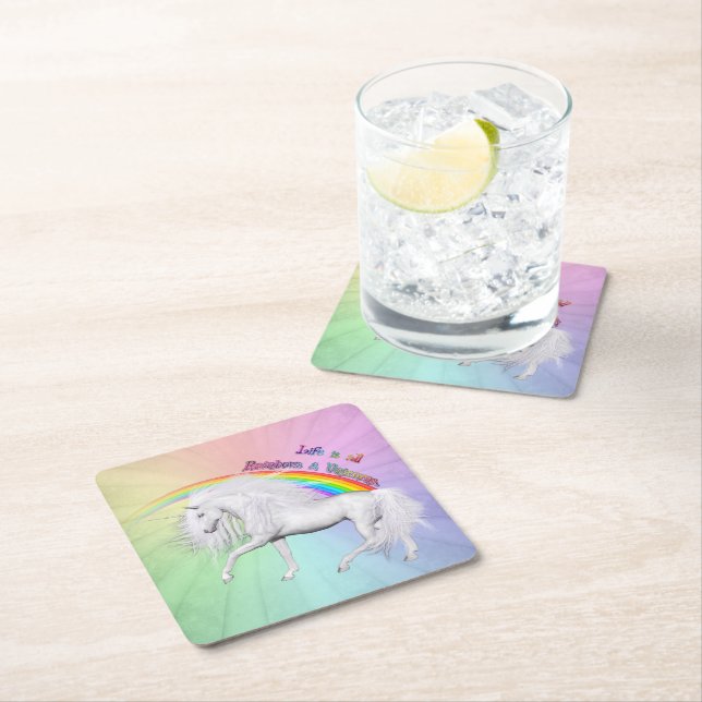 Rainbows and Unicorns Square Paper Coaster (Insitu)