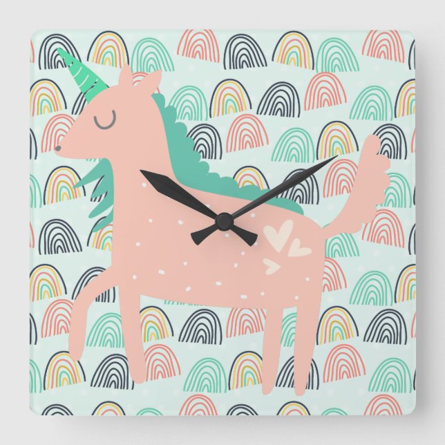 Rainbows and Unicorns Square Wall Clock (Front)