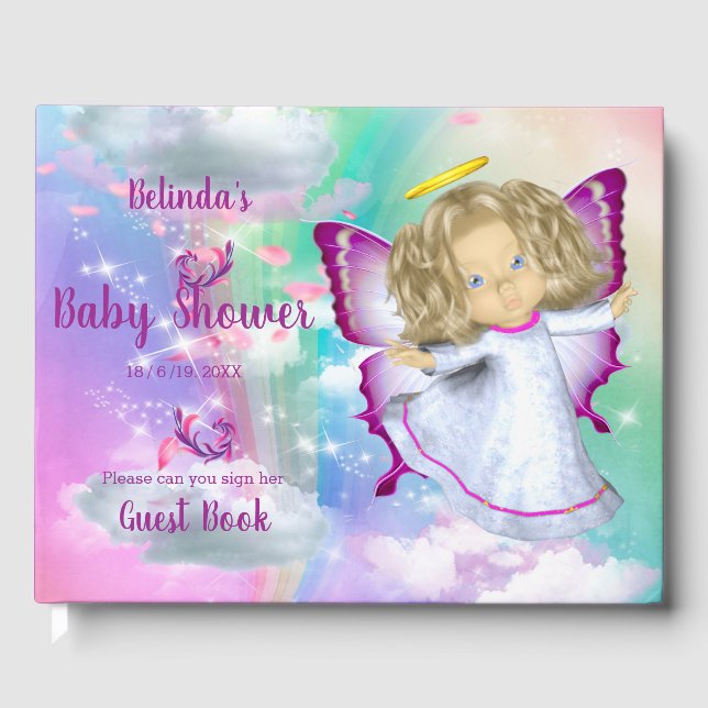 Rainbows, Fluffy clouds & Butterfly Baby Girl Guest Book (Front)