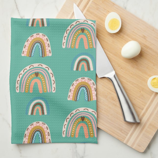 Rainbows hand drawn doodle style Boho Scandi  Kitchen Towel (Quarter Fold)