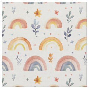 Rainbows / Leaves / Dots on White Fabric