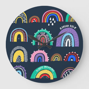 Rainbows on dark, hand-drawn style. large clock