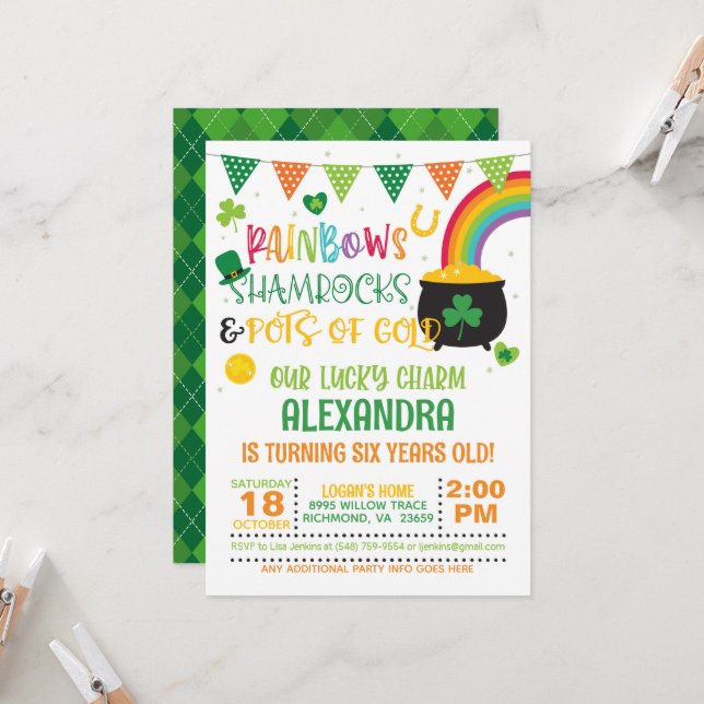 Rainbows, Shamrocks and Pots of Gold Birthday Invitation (Front/Back In Situ)