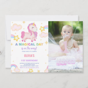 Rainbows Unicorn Birthday Invitations with photo