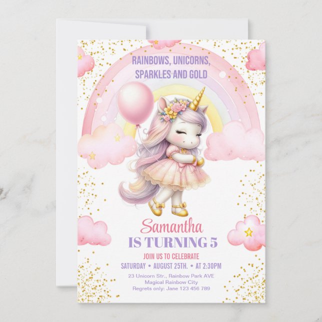 Rainbows, Unicorns, Sparkles and Gold birthday Invitation (Front)