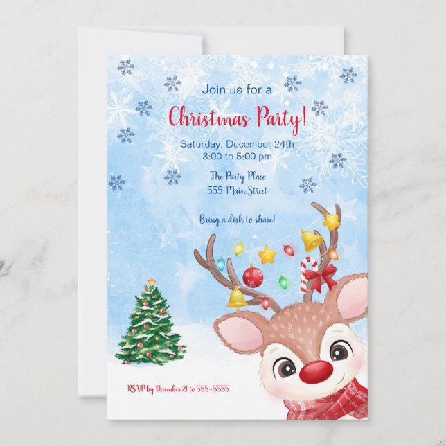 Raindeer watercolor christmas party invitation (Front)