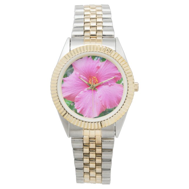 "Raindrop Petals: Pink Hibiscus in Gentle Shower" Watch (Front)