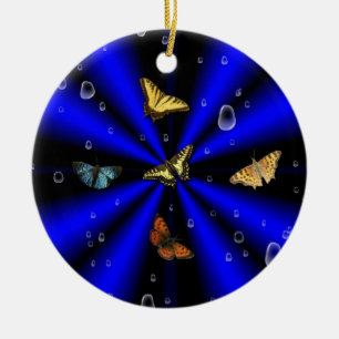 Raindrops and Butterfly on black and blue Ceramic Ornament