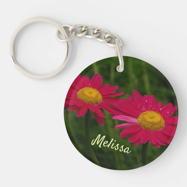 Raindrops on Bright Pink Daisies Personalized  Keychain (Front)