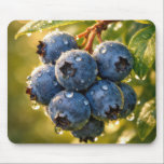 Raindrops on Ripe Blueberries Mouse Pad<br><div class="desc">Ripe blueberries hang from a branch, adorned with dewdrops, while the sunlight casts a warm glow around their vibrant blue hue</div>