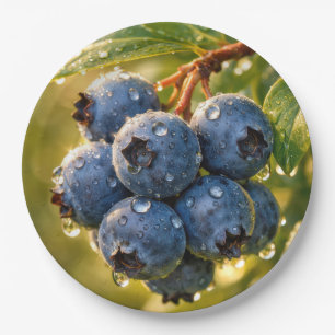 Raindrops on Ripe Blueberries Paper Plate