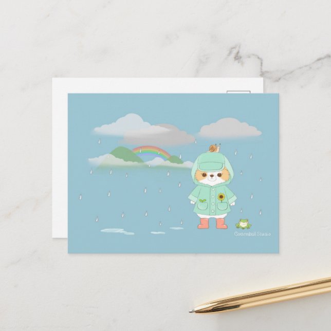 Rainey Day Mochi with a Teal Raincoat Froggy buddy Postcard (Front/Back In Situ)