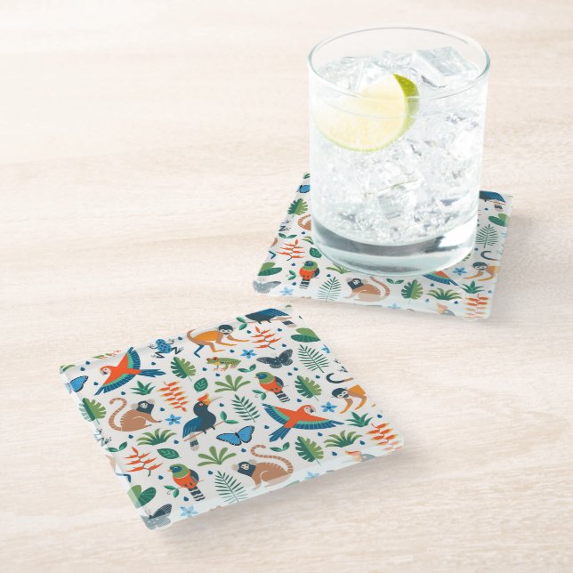 Rainforest Animal Pattern Glass Coaster (Angled)