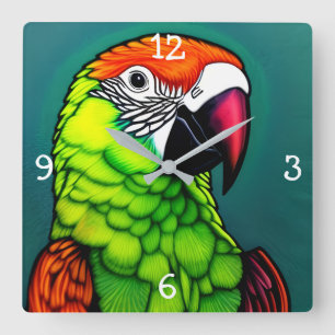 Rainforest Beauty:  Exotic Wild Parrot Square Wall Clock