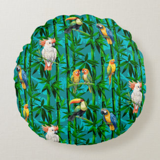 Rainforest Dreams Tropical Bamboo Birds Round Pillow