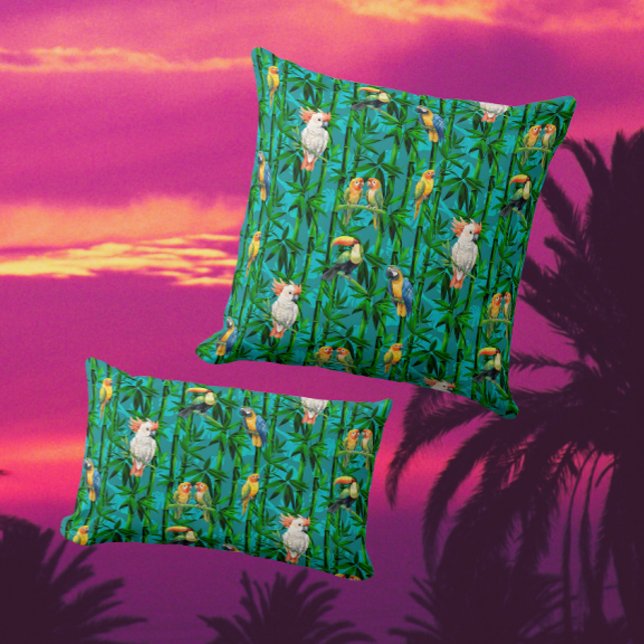 Rainforest Dreams Tropical Bamboo Birds Throw Pillow (Drift off into the rainforest with this dreamy bamboo and tropical bird design!)