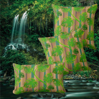 Rainforest Dreams Tropical Philodendron Bamboo Throw Pillow