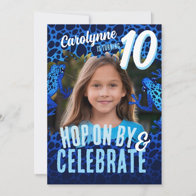 Rainforest Frog 10th Birthday Photo Invite - Blue (Front)