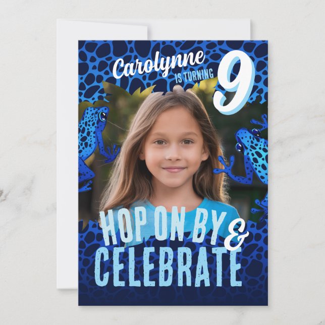 Rainforest Frog 9th Birthday Photo Invite - Blue (Front)