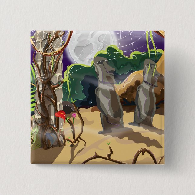 Rainforest Hidden Temple illustration. 2 Inch Square Button (Front)