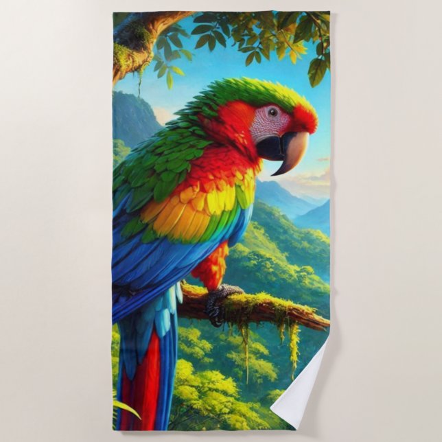 Rainforest Macaw Parrot Colourful Beach Towel (Front)