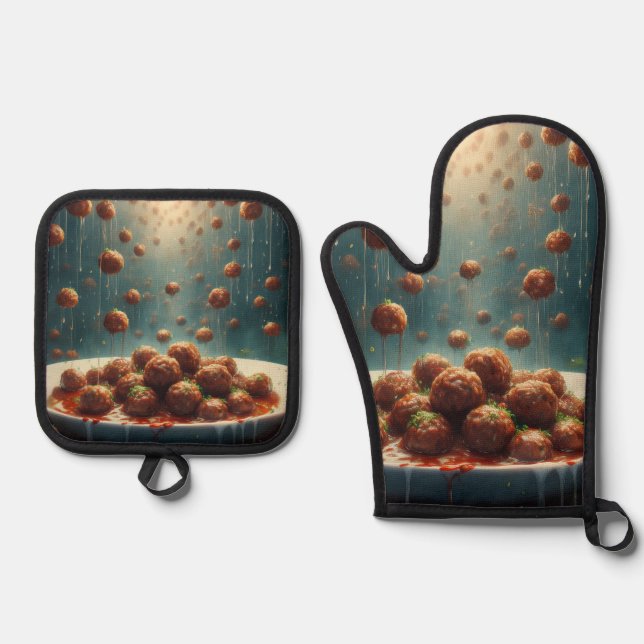 Raining Meatballs Oven Mitt & Pot Holder Set (Front)