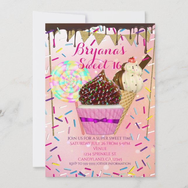 Raining Sprinkles Candy Land Sweet 16 Invitations (Front)