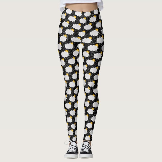 Raining Sunshine Clouds Pattern Design Black  Leggings (Front)