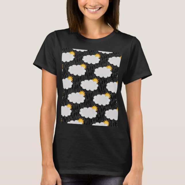 Raining Sunshine Clouds Pattern Design Black  T-Shirt (Front)