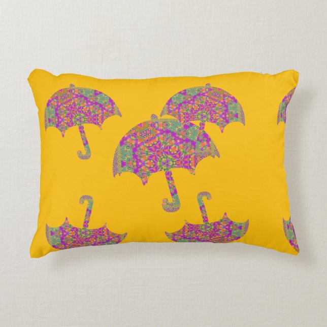 Raining Umbrellas Yellow Accent Pillow (Front)
