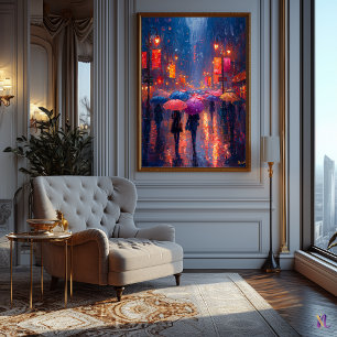 Rainy City Night with Umbrellas in Impressionism Poster