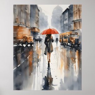 Rainy city watercolor art poster