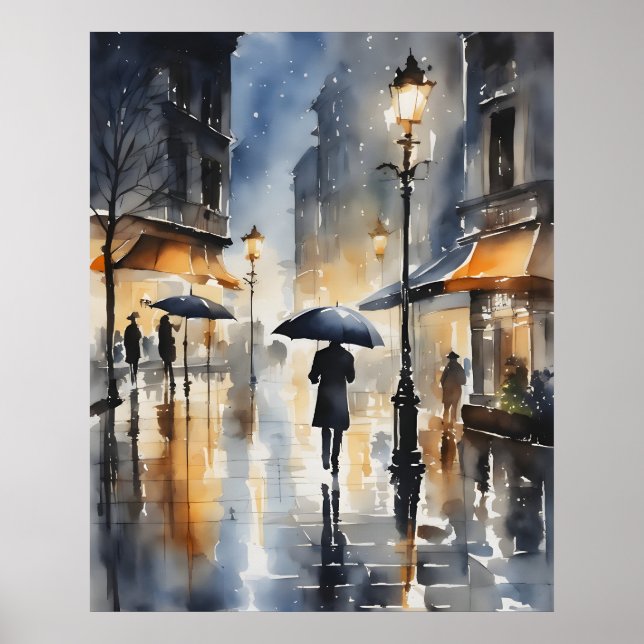 Rainy city watercolor art poster (Front)