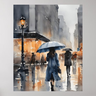 Rainy city watercolor art poster