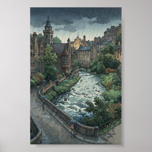 Rainy Day at Dean Village Japanese Woodblock Print