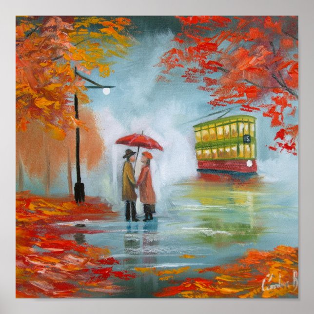 Rainy day autumn red umbrella tram painting poster (Front)