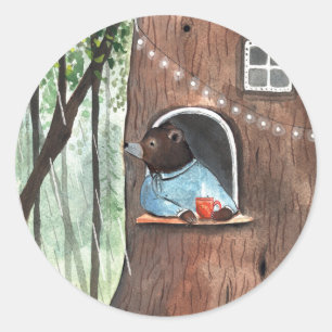 Rainy Day Bear Daydream Tea Time Illustration    Classic Round Sticker