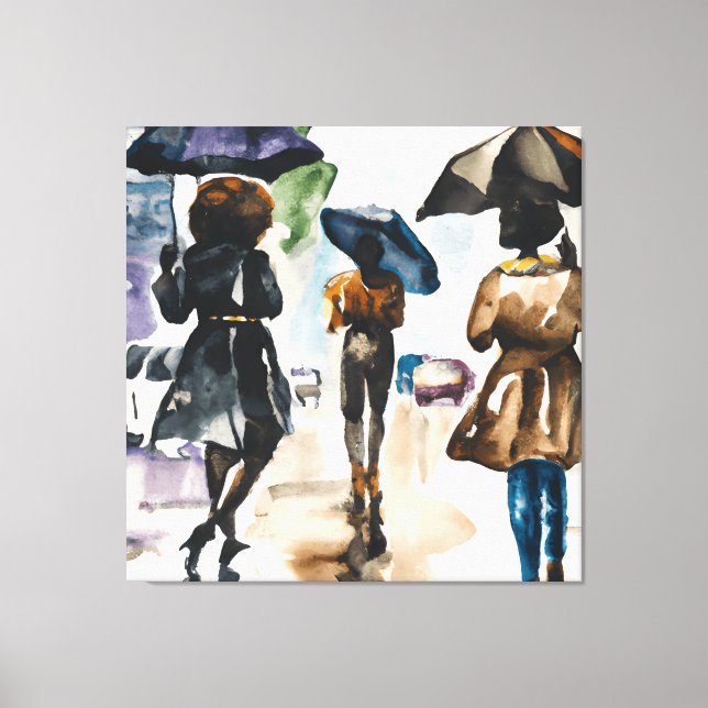 RAINY DAY BLACK MEN AND WOMEN UNDER UMBRALLAS  CANVAS PRINT (Front)