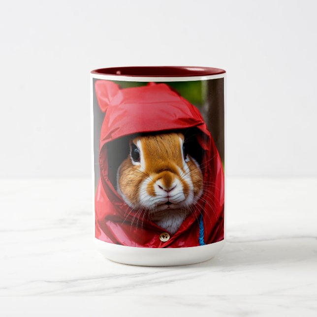 "Rainy Day Bunny Bliss Coffee Mug" Two-Tone Coffee Mug (Center)