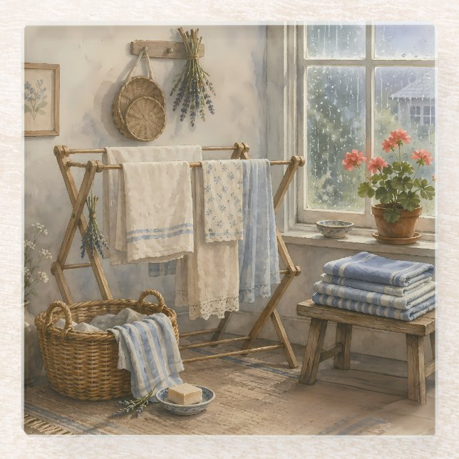 Rainy Day Cottage Laundry Room Glass Coaster (Front)