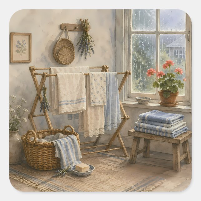 Rainy Day Cottage Laundry Room Square Sticker (Front)