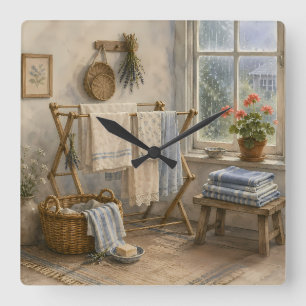 Rainy Day Cottage Laundry Room Square Wall Clock