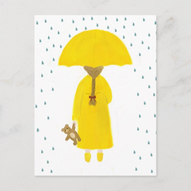 Rainy Day Girl with Teddy Bear Postcard (Front)